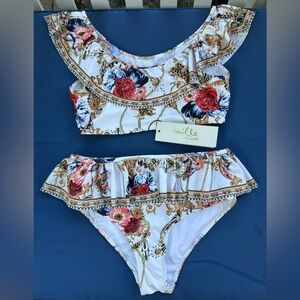 Camilla Kids Swim Bikini in White, Navy, Red, Gold & Pink Floral Print Size 12.